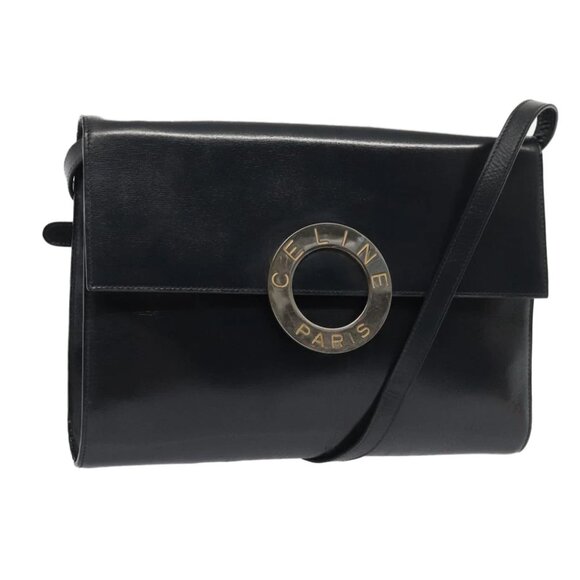CELINE Shoulder Bag Leather Navy Gold Auth 91291 - Picture 1 of 14